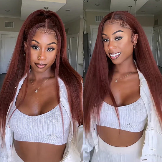 #33 Red Brown Auburn Colored Kinky Straight 13x4 Lace Frontal Wigs