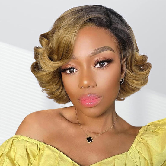 Short Curly Light Brown Wigs for Black Women Side Part Ombre Black to Brown Dark Root Lace Part Short Wigs Curly Heat Resistant Loose Wave Black Women Wigs