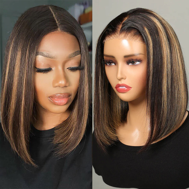 5x5 Pre-Cut Lace Glueless #30 Highlight Colored Bob Style Straight Highlight Colored Human Hair Wig