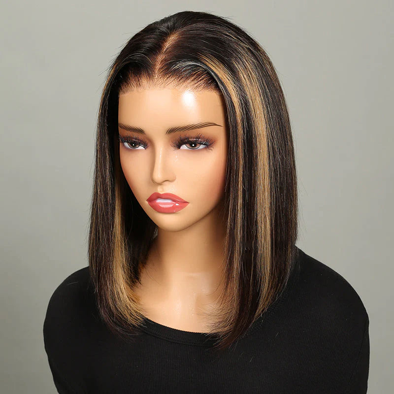 5x5 Pre-Cut Lace Glueless #30 Highlight Colored Bob Style Straight Highlight Colored Human Hair Wig