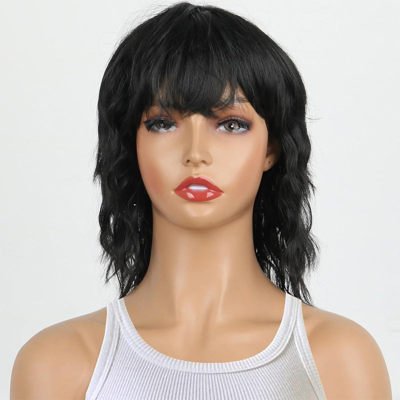 80s 90s Shaggy Layered Wigs Short Curly Bob Wigs with Bangs Shoulder Length Wigs