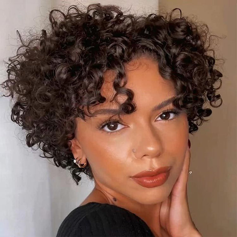 AFRO NATURAL CURLY WIGS PIXIE CUT WIG FULL MACHINE MADE WIG NO LACE WIGS
