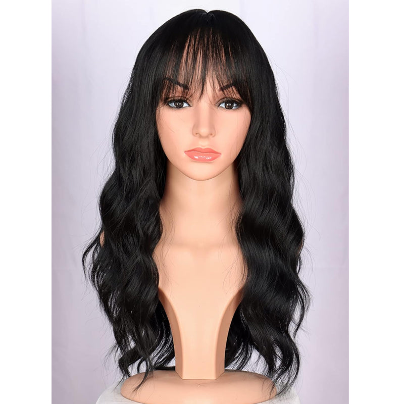 Black Fashion Wavy Synthetic Hair Wigs For Black Women With Side Bangs