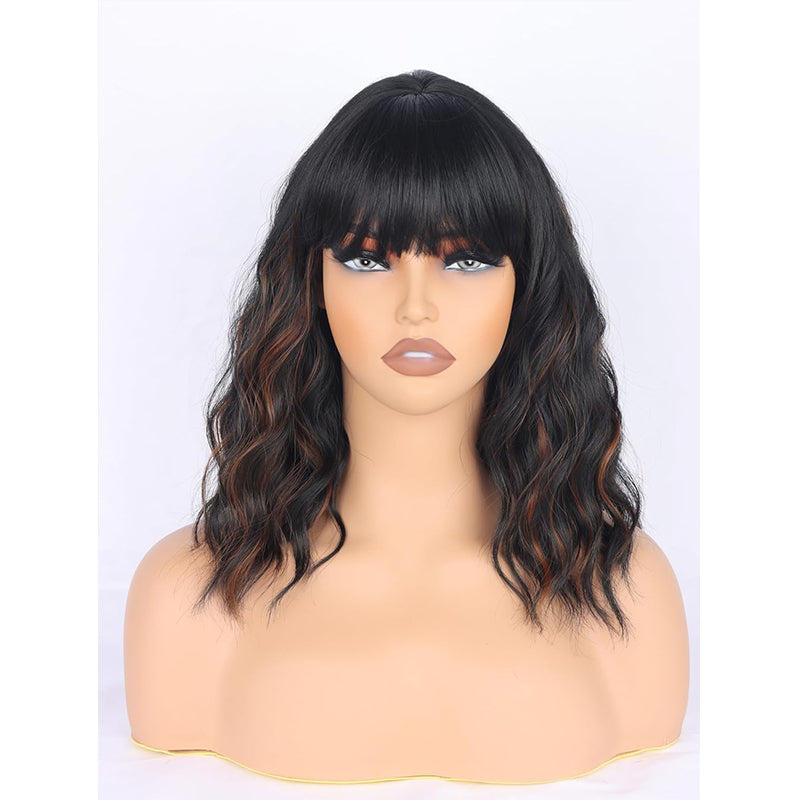 Black Mix Brown Wavy Wigs With Bangs for Black Women Shoulder Length Black Wigs With Brown Highlights Daily Use Wigs