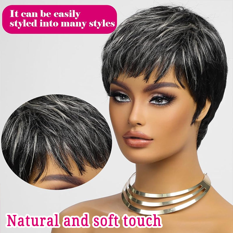 Black Mixed Grey Pixie Cut Wigs for Black Women Short Layered wig with Bangs