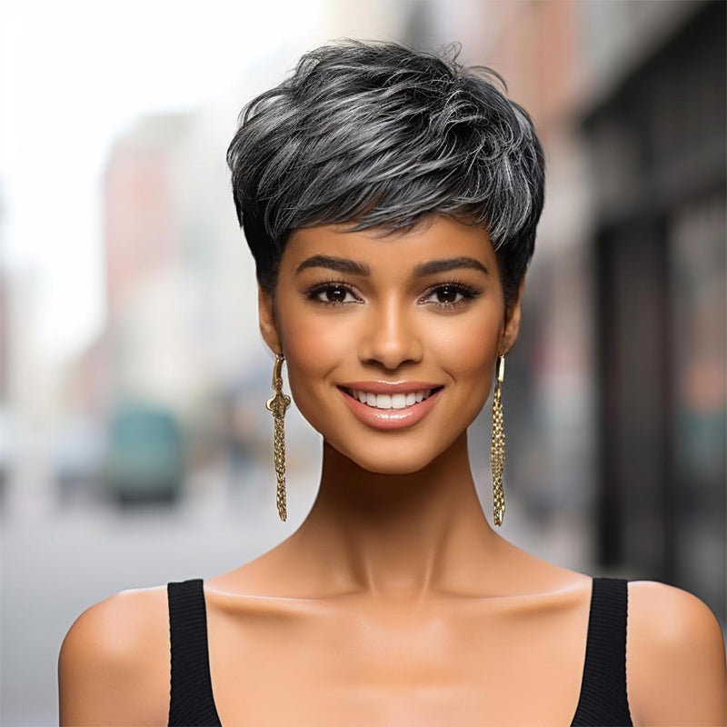 Black Mixed Grey Pixie Cut Wigs for Black Women Short Layered wig with Bangs