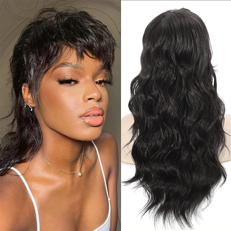 Black Mullet Wig for Women Long Wavy Wig with Bangs Wig