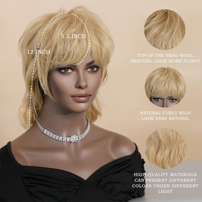 Blonde Short Wig Layered Mullet Pixie Cut Wavy Wigs for Black Women