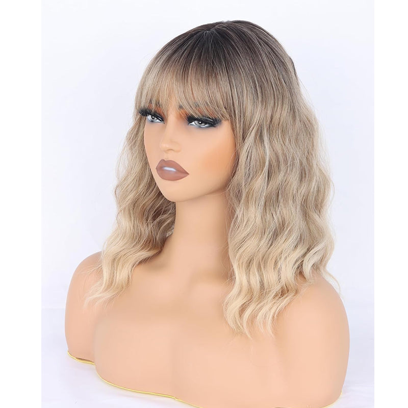 Blonde Wavy Wig with Bangs for Women Shoulder Length Natural Wavy Ash Blonde Wigs With Dark Brown Roots Heat Resistant for Daily Party Use