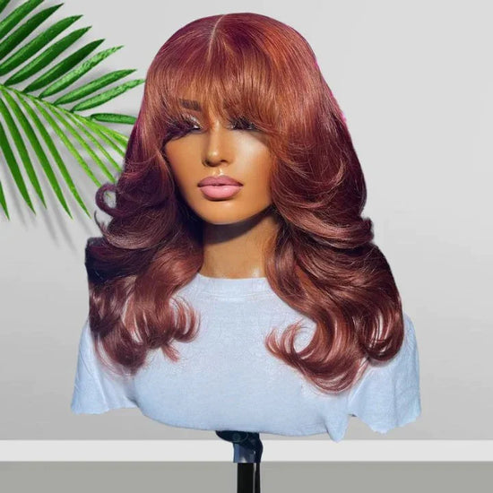 Body Wave Copper 13x4 Lace Front Bombshell Curls Light Layers Wispy Curtain Bangs Human Hair Bob Wigs