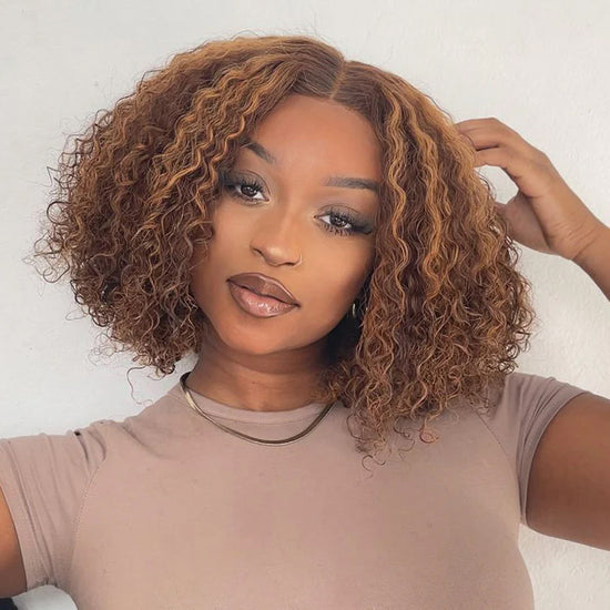 Brown Mix Color Curly Bob Wig Glueless 13x4 Lace Front Short Wig 100% Human Hair