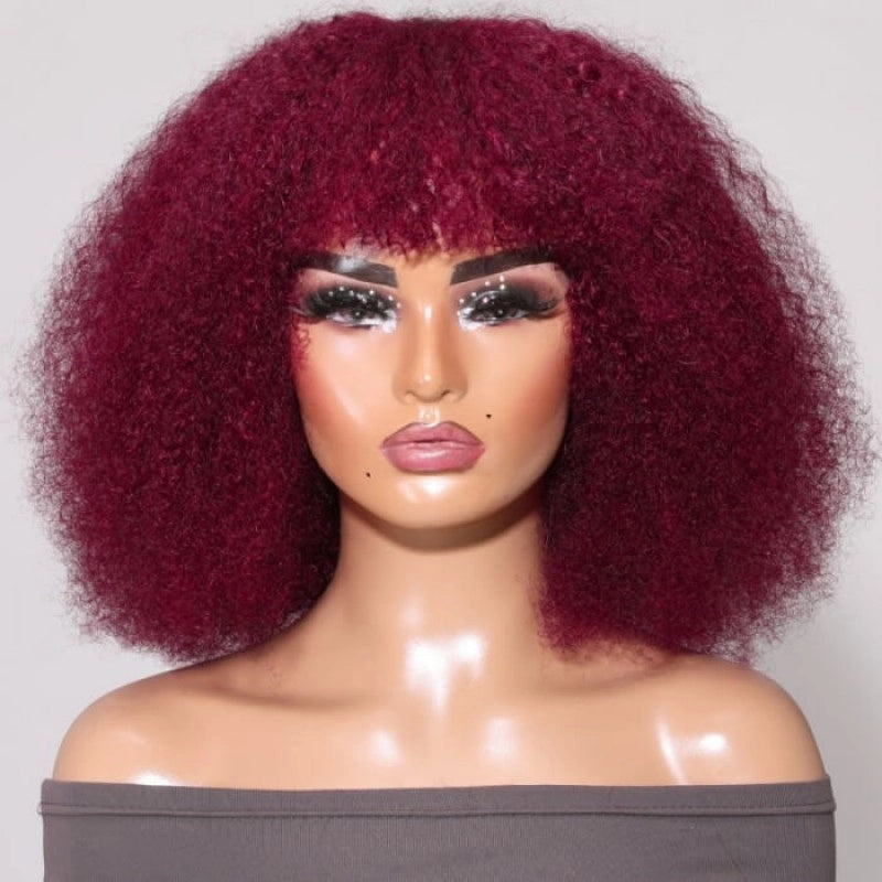 Burgundy Kinky Curly Afro Bob Wig With Bangs Put On And Go Flash Sale