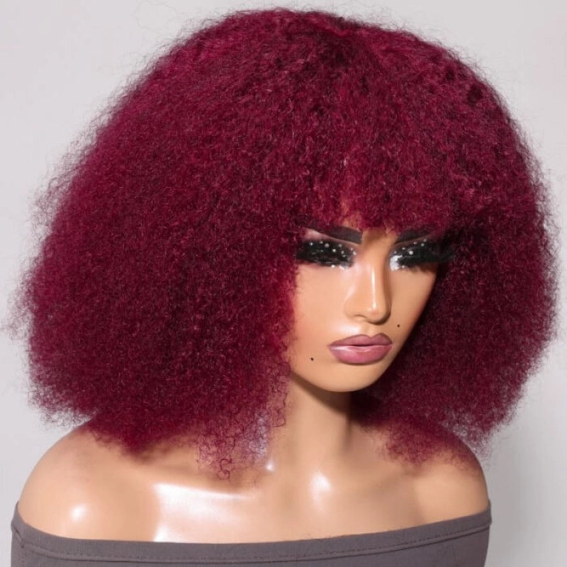 Burgundy Kinky Curly Afro Bob Wig With Bangs Put On And Go Flash Sale