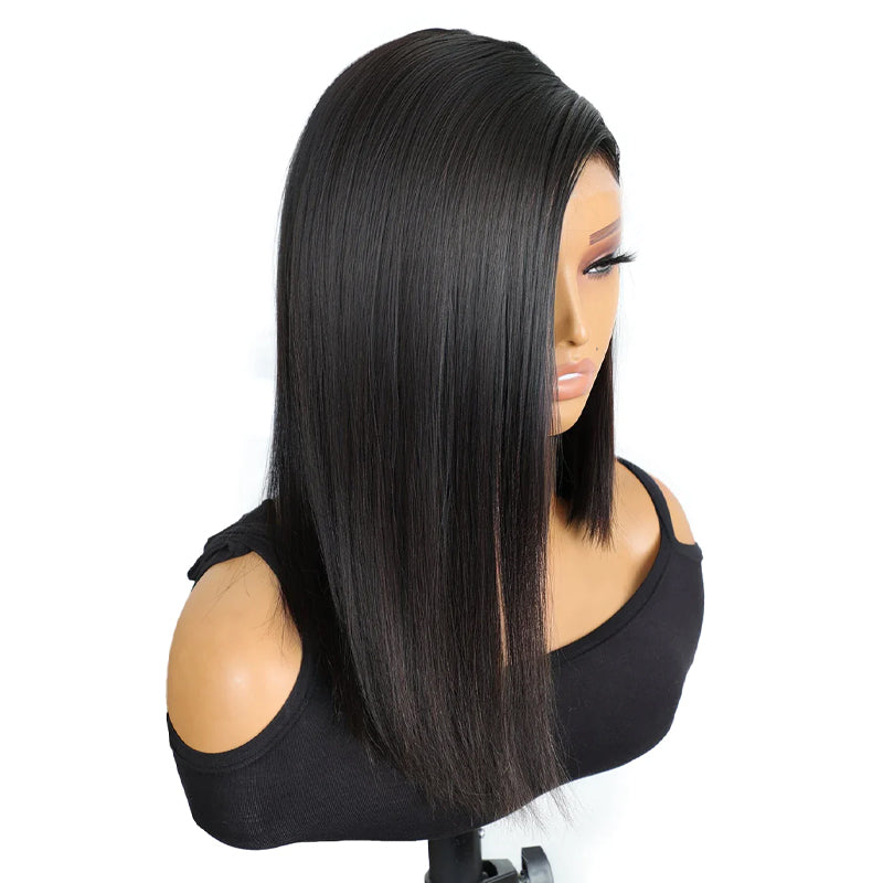Deep Side Part Asymmetrical Black Straight Bob 5x5 Lace Closure Wig
