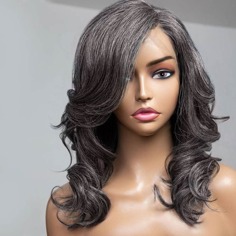 GLUELESS LAYERED SALT AND PEPPER GREY LACE FRONT WIG WITH BANGS 100% HUMAN HAIR