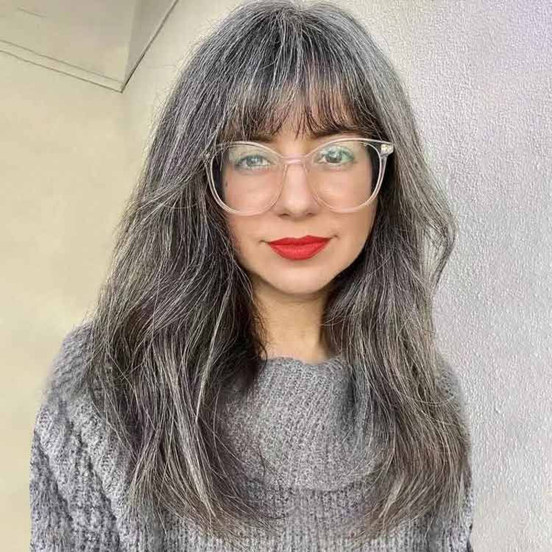 GLUELESS SALT AND PEPPER GREY WIG WITH BANGS 100% HUMAN HAIR