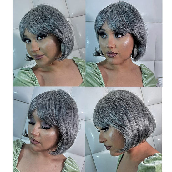 Grey Human Hair Straight Bob No Lace Wigs for Old Lady Salt and Pepper Wigs for Women180% Density