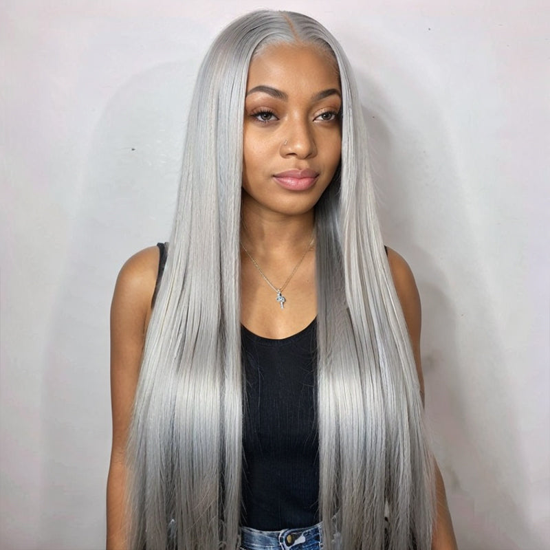 Welaikehair Grey Straight 13x4 HD Lace Frontal Wig Colored Pre-Plucked Human Hair Wigs