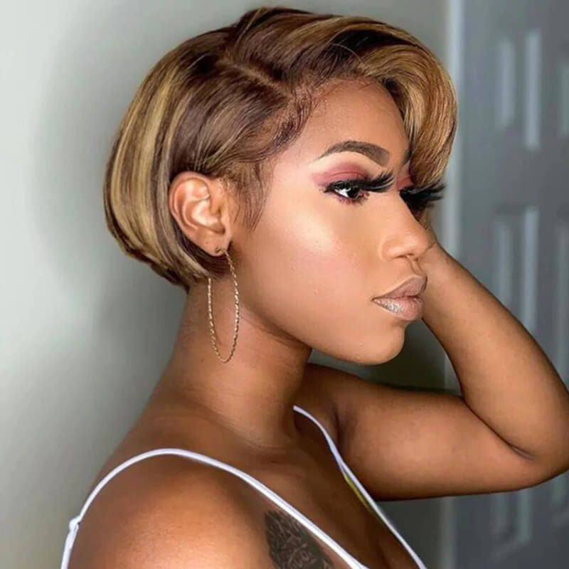 HIGHLIGHT PIANO PIXIE CUT HUMAN HAIR WIG 13X4 LACE FRONTAL WIG