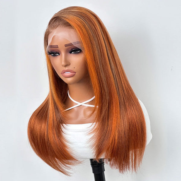 Honey Blonde Wig With Ginger Highlights Straight Hair Layered Cut Glueless Lace Wigs