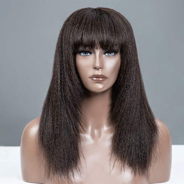 KINKY STRAIGHT LAYERED CUT HUMAN HAIR LACE FRONT WIG WITH BANGS 180% DENSITY