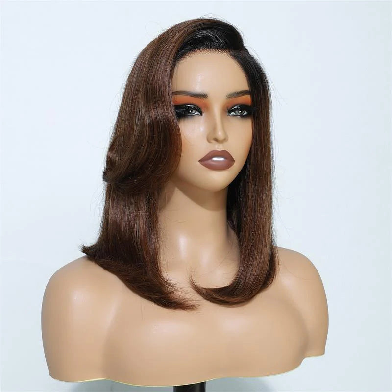 Layer Cut Ombre Brown Colored Wig Short Body Bob Wigs Glueless C Part Lace Wig