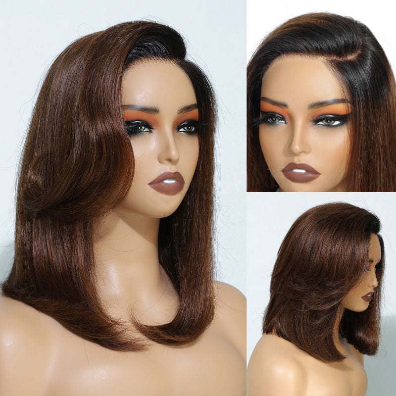 Layer Cut Ombre Brown Colored Wig Short Body Bob Wigs Glueless C Part Lace Wig