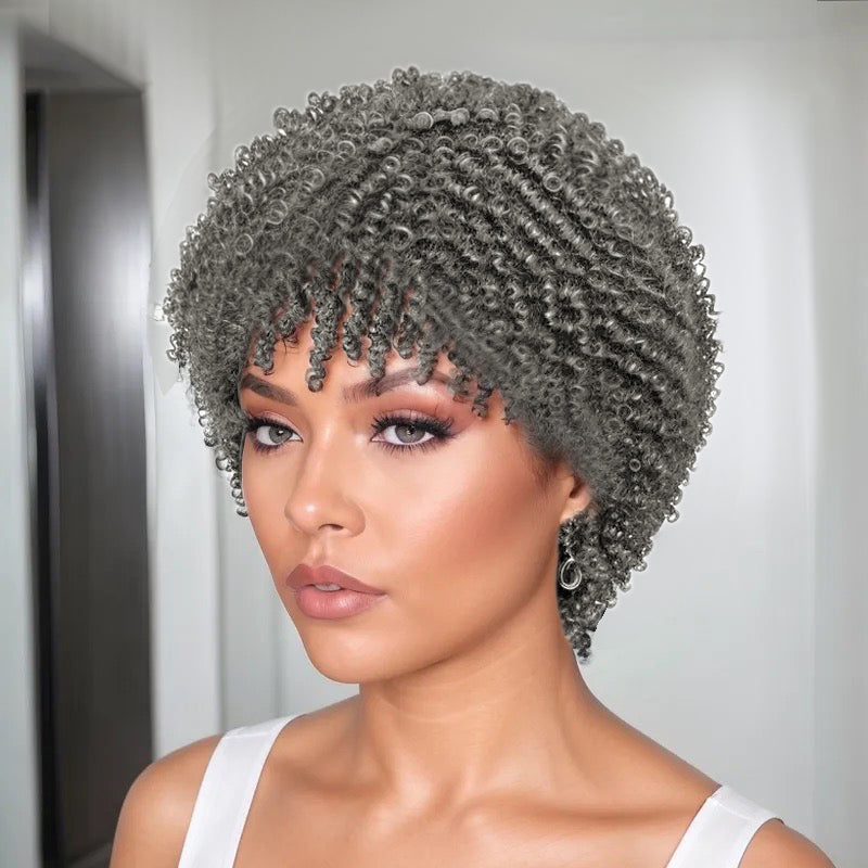 Welaikehair Glueless Grey Afro Kinky Curly 100% Human Hair Wig