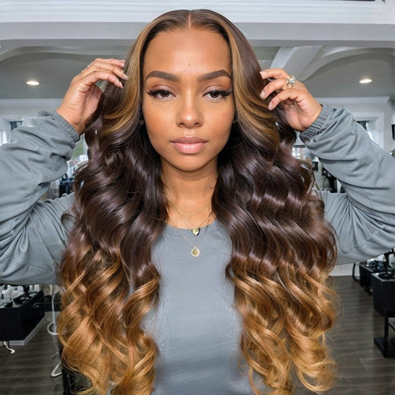 Welaikehair Body Wave 1B/#4Mix27 Highlight Bleached Knots Lace Frontal Wig