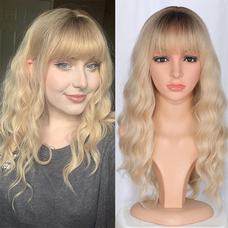 Medium Long Blonde Wavy Wigs For Women Hair Wigs With Bangs For Daily Use