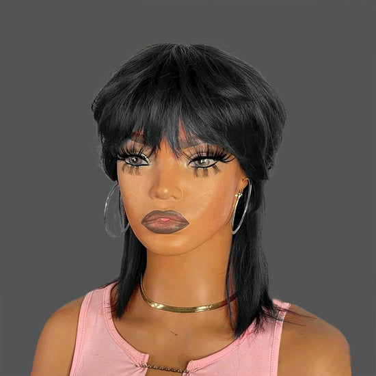 Mullet Pixie Cut Wigs Human Hair for Black Women Glueless Wig with Bangs
