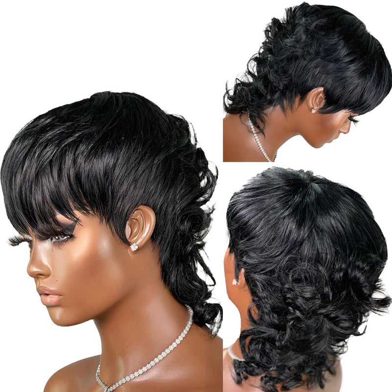 Mullet Wigs For Black Women Pixie Cut Wig Short Wig With Bangs Heat Resistant Wig