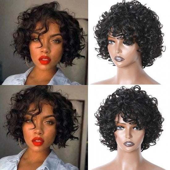 New Fashion Glueless Short Pixie Cut Bob Curly Wigs With Bangs 100% Human Hair Machine Made Wigs