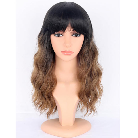 Ombre Brown Wavy Wigs with Bangs for Women Medium Length Brown Wigs Natural Wavy Black To Brown Wigs