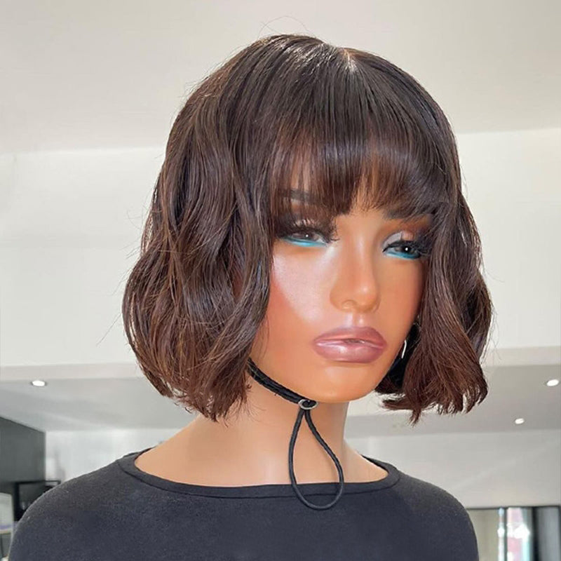 Ombre Chestnut Brown Short Wavy French Bob Wig with Bangs