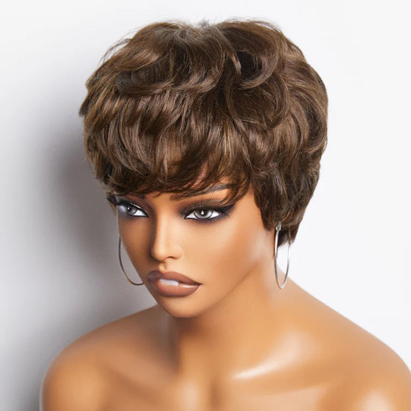 Pixie Cut Blonde Highlight No Lace Glueless Short Wig with Bangs Ready to Go