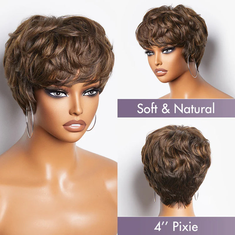 Pixie Cut Blonde Highlight No Lace Glueless Short Wig with Bangs Ready to Go