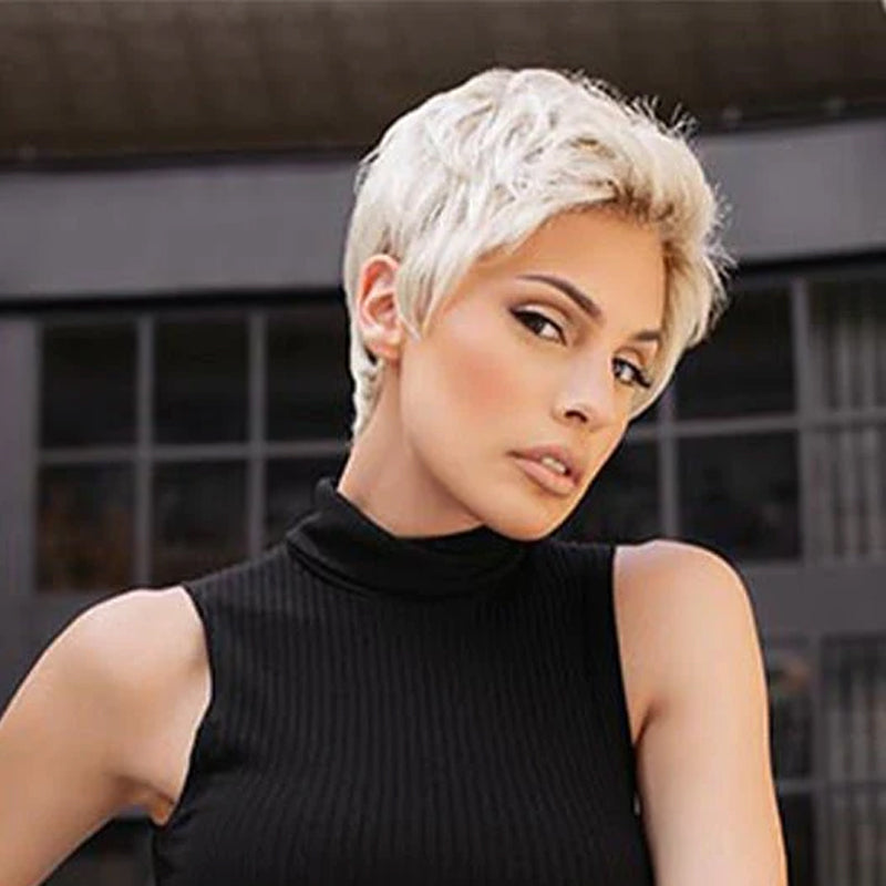 Pure Silver White Mixed Color Pixie Cut Short Wigs Human Hair With Bangs