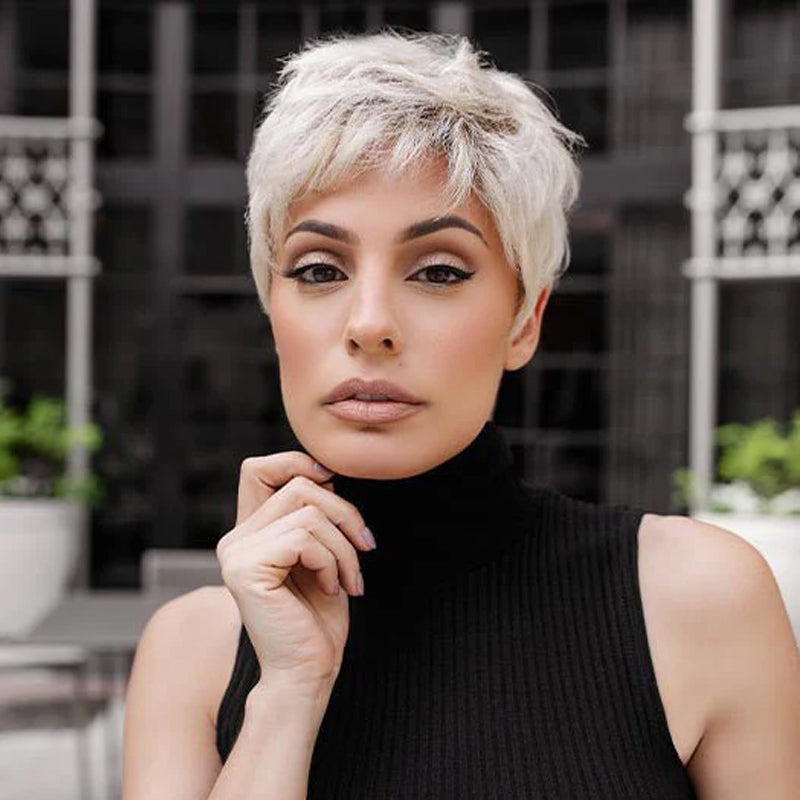 Pure Silver White Mixed Color Pixie Cut Short Wigs Human Hair With Bangs