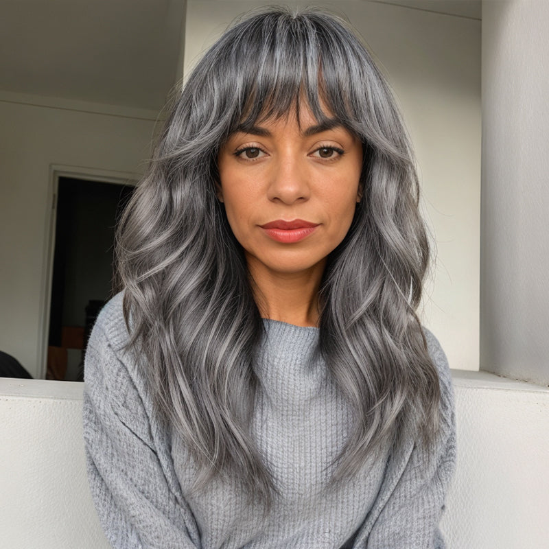 Put On And Go Salt And Pepper Glueless Wig Natural Wave With Bangs