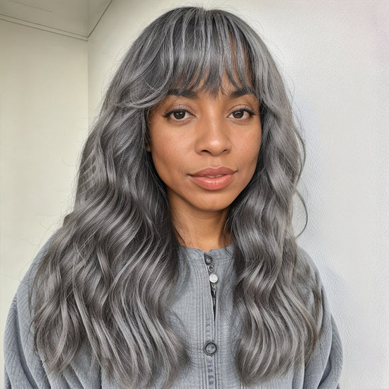 Put On And Go Salt And Pepper Glueless Wig Natural Wave With Bangs