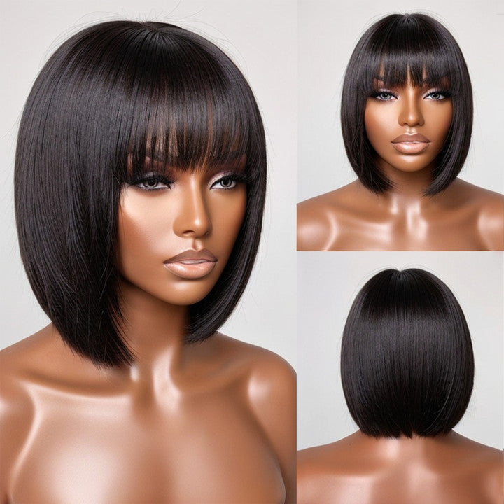 Realistic Glueless Natural Black Yaki Straight Bob With Bangs Wig | 100% Human Hair