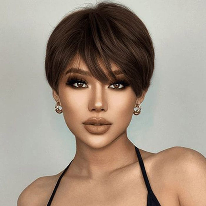 SHORT STRAIGHT BRUNETTE WIG WITH BANGS HUMAN HAIR BOB WIG