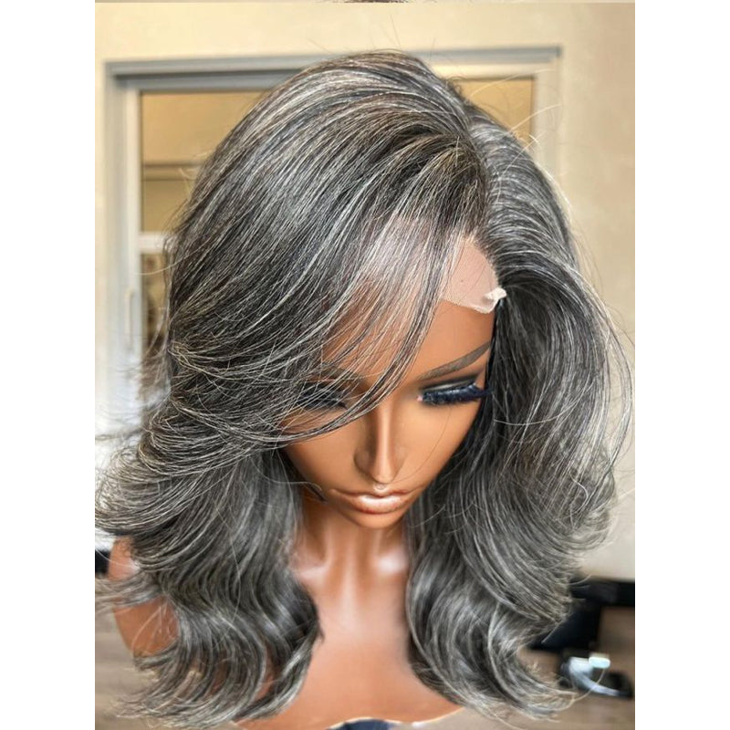 Salt And Pepper Grey Long Side Part Layered Lace Front Wig