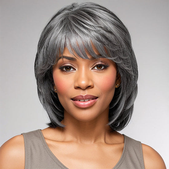 Salt And Pepper Layered Cut Grey Wigs Glueless Bob 100% Virgin Human Hair