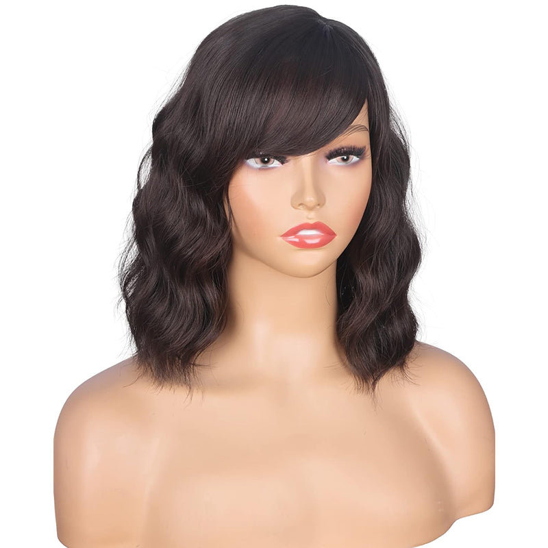 Short Wavy Bob Wigs With Bangs For Women Dark Brown Short Curly Wig For Black Women