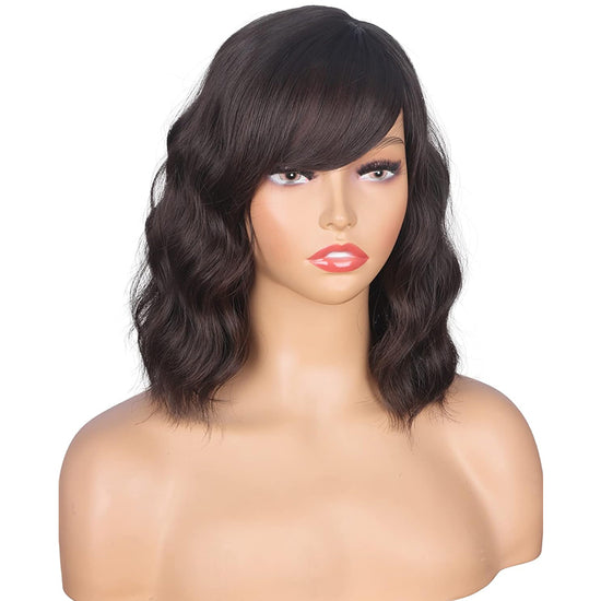 Short Wavy Bob Wigs With Bangs For Women Dark Brown Short Curly Wig For Black Women