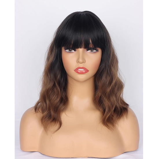 Short Wavy Wig with Bangs for Women Shoulder Length Brown Natural Wavy Black To Brown Wigs