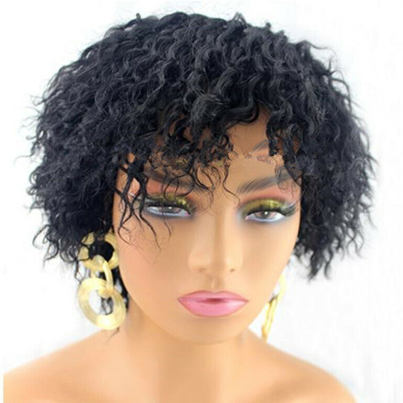 Water Wave Short Bob Human Hair Wigs No Lace Pixie Cut Wig with Bangs Curly Hair