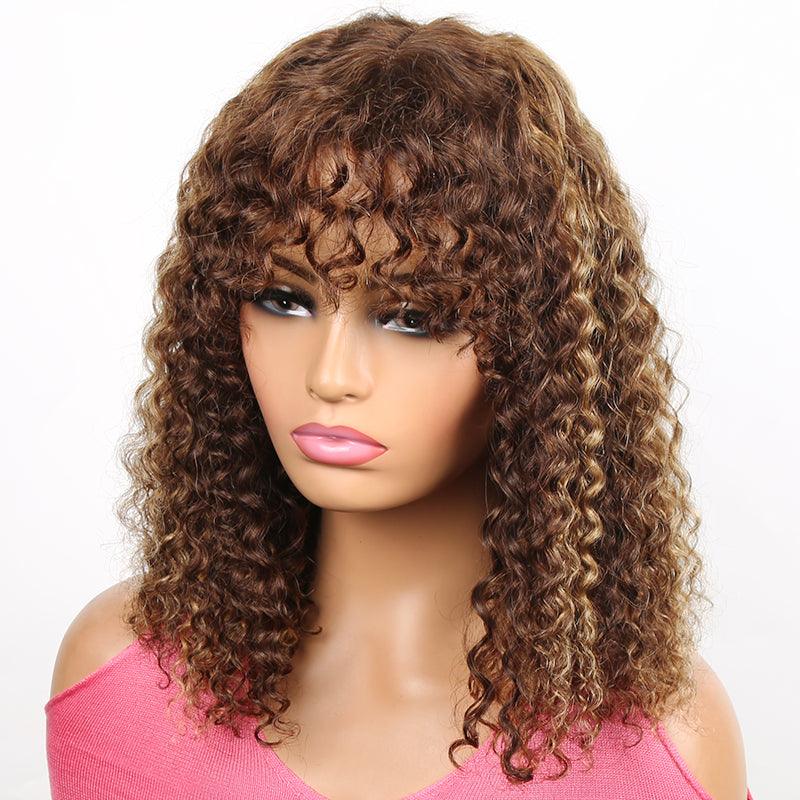 Honey Brown Highlight Brazilian Curly Human Hair Wig With Bangs